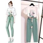Set: Short-sleeve Flower Print T-shirt + Slim Fit Pants