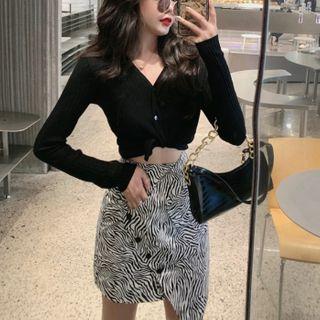 Cropped Cardigan / Zebra Print Mini Pencil Skirt