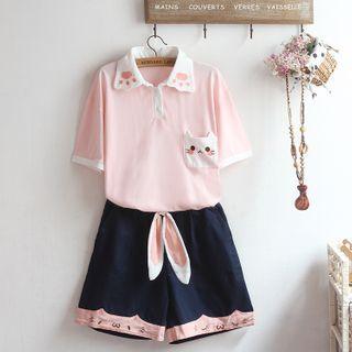 Elbow-sleeve Embroidered Polo Shirt / Wide-leg Shorts / Set
