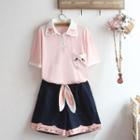 Elbow-sleeve Embroidered Polo Shirt / Wide-leg Shorts / Set