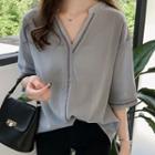 3/4-sleeve Sheer Embroidered Blouse