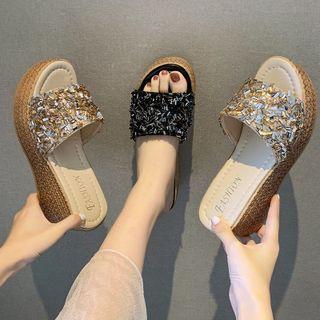 Glitter Platform Wedge-heel Slide Sandals
