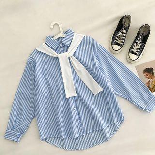 Mock Two-piece Cape Panel Striped Long-sleeve Blouse