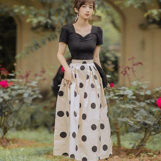 Set: Short-sleeve V-neck Top + High Waist Polka Dot Print Midi A-line Skirt
