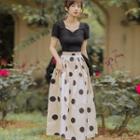 Set: Short-sleeve V-neck Top + High Waist Polka Dot Print Midi A-line Skirt