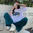 Set: Elbow-sleeve Print T-shirt + Wide Leg Pants