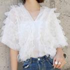 Short-sleeve Tiered Chiffon V-neck Top Off-white - One Size