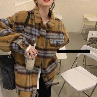 Plaid Loose-fit Shirt Jacket Curcumin - One Size