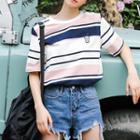 Short-sleeve Drink Embroidered Striped T-shirt