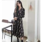 Long-sleeve Floral Print A-line Midi Dress Black - One Size