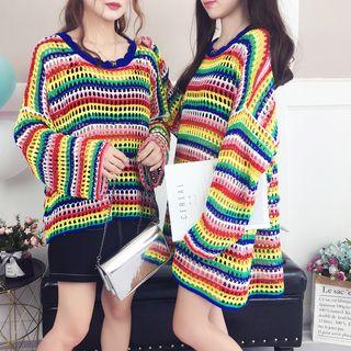 Striped Pointelle Knit Long Sweater