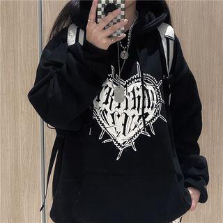 Long Sleeve Heart Print Hooded Sweatshirt
