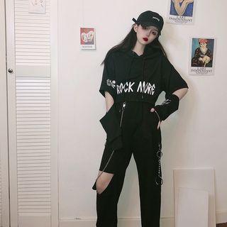 Lettering Crop Hoodie / Cutout Straight-cut Pants