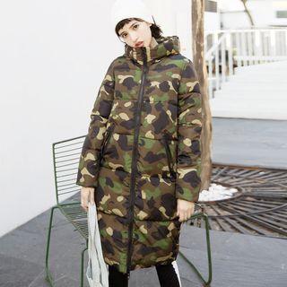 Camo Print Hooded Zip Padded Long Coat