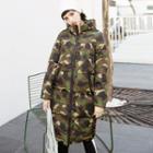 Camo Print Hooded Zip Padded Long Coat