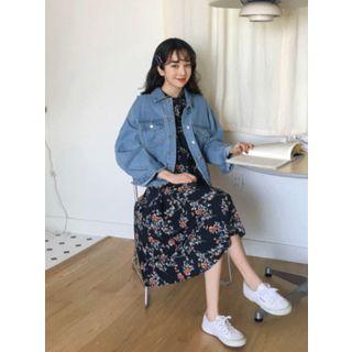 Mandarin-collar Tie-waist Floral Midi Shirtdress