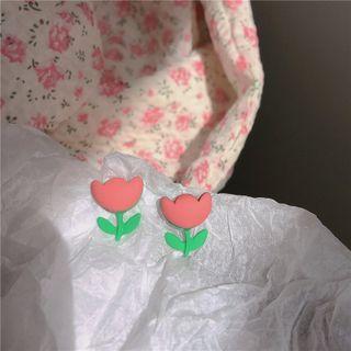 Matte Flower Ear Stud 1 Pair - Pink & Green - One Size