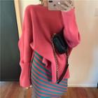 Plain Pullover / Striped Straight-fit Midi Skirt