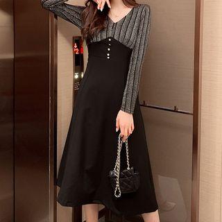 Striped Panel Long-sleeve A-line Midi Dress