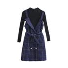 Mock-neck Knit Top / Plaid Midi A-line Overall Dress