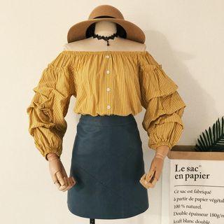 Striped Off-shoulder Balloon-sleeve Blouse