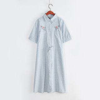 Flower Embroidered Short-sleeve Shirt Dress