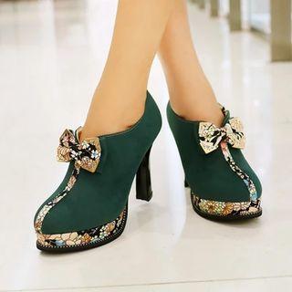 Floral Print Bow Platform Ankle Boots