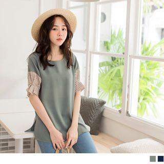 Plaid Panel Sleeve Round Neck Chiffon Top