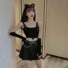 Sleeveless Crop Top / Plain Pleated Skirt / Belt / Arm Sleeves