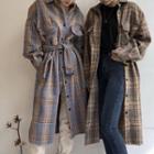 Pocketed Gingham Long Coat With Sash
