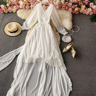 Long Sleeve V-neck Asymmetrical Maxi Dress