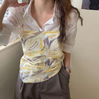 Pattern Printed Twisted Back Camisole / Long-sleeve Crew Neck Plain T-shirt / Plain Long-sleeve Shirt