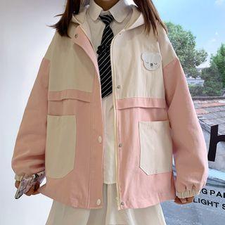Bear Embroidered Hooded Zip-up Jacket