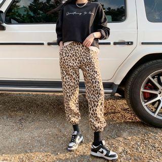 Drawcord Fleece Leopard Jogger Pants Leopard - One Size