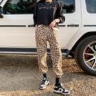 Drawcord Fleece Leopard Jogger Pants Leopard - One Size
