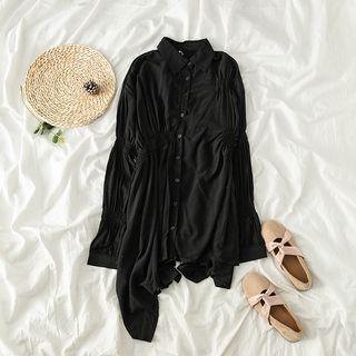 Smocked Long Sleeve Asymmetric Hem Shirt Black - One Size