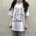 Cartoon Bear Print Elbow-sleeve T-shirt