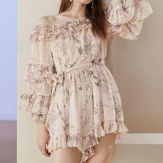 Flower Print Ruffle Off-shoulder Playsuit