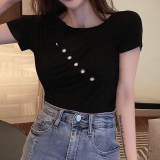 Short-sleeve Plain Slant Button Ruched T-shirt