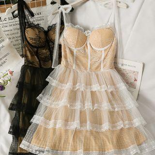 Layered Ribbon-strap Lace Midi Dress