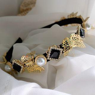 Faux Pearl Butterfly Headband Black Rhinestone - Gold - One Size