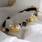 Faux Pearl Butterfly Headband Black Rhinestone - Gold - One Size