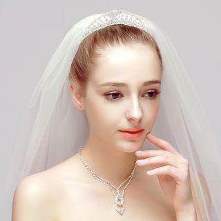 Bridal Set: Rhinestone Tiara + Necklace + Earrings + Wedding Veil