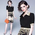 Set: Collared Short-sleeve Top + Printed A-line Skirt