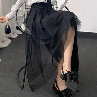 Asymmetric Hem Mesh Midi A-line Skirt