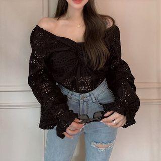 Eyelet Lace Cropped Blouse Black - One Size