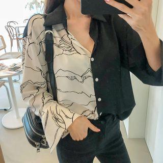 Asymmetric Print Chiffon Shirt Black - One Size