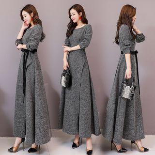 Tie-waist Long-sleeve Maxi A-line Dress