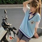 Short-sleeve Mock Two-piece T-shirt / Pleated Skirt