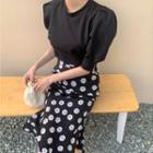 Elbow-sleeve Top / Floral Print Midi Straight-fit Skirt